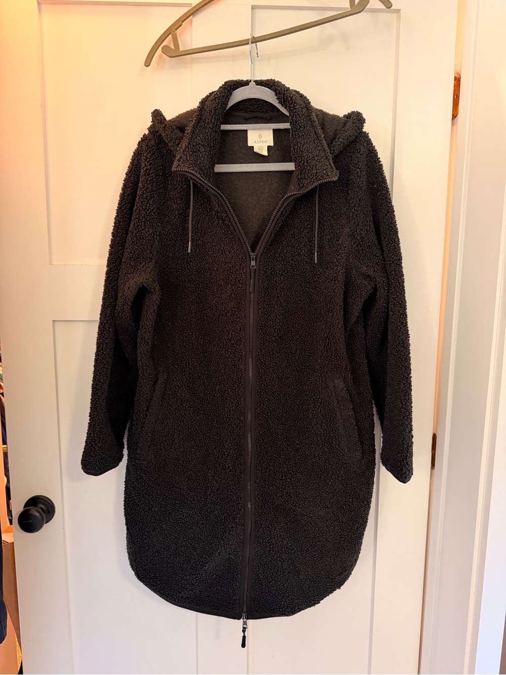 Women's Black Teddy Sherpa Hooded Zip-Front Coat